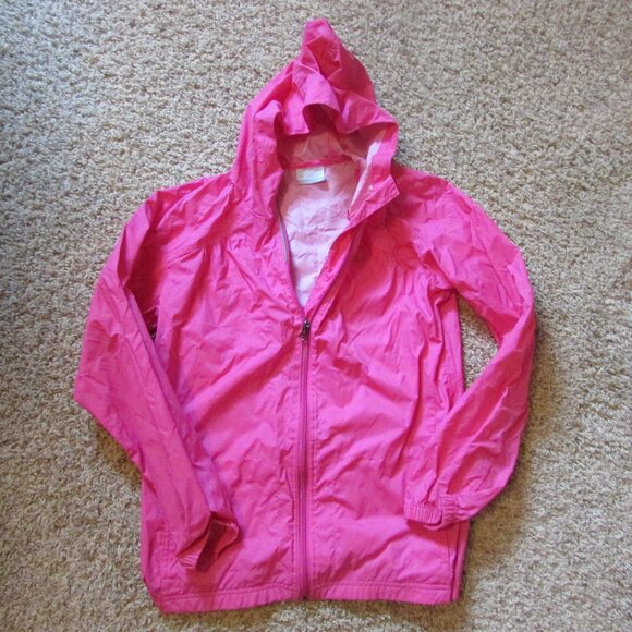 Columbia Pink Windbreaker Hooded Jacket Full Zip Large 14/16 Unlined - Picture 1 of 2